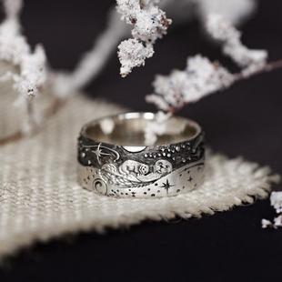 Young臻荣速卖通海洋动物水獭戒指 创意镀s925复古泰银海浪指环女