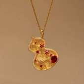 Young中国风红刚玉福禄吊坠中式 镂空彩钻花朵喜鹊登梅葫芦项链女