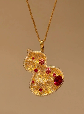 Young中国风红刚玉福禄吊坠中式镂空彩钻花朵喜鹊登梅葫芦项链女