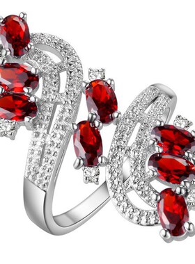 Young外贸饰品 跨境货源 镀925银镶钻红色紫色彩宝梅花戒指女