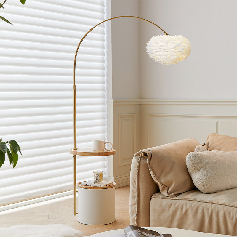 钓鱼灯奶油风落地灯客厅北欧轻奢卧室茶几置物氛围感羽毛落地台灯