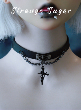 怪糖饰物集原创黑色玫瑰十字颈链