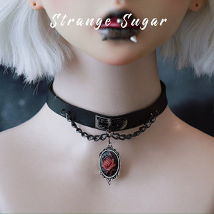 怪糖饰物集原创手工黑红玫瑰吊坠仿皮颈链choker暗黑亚文化黑红色
