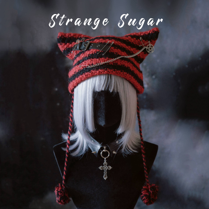 怪糖饰物集原创黑红针织猫耳帽