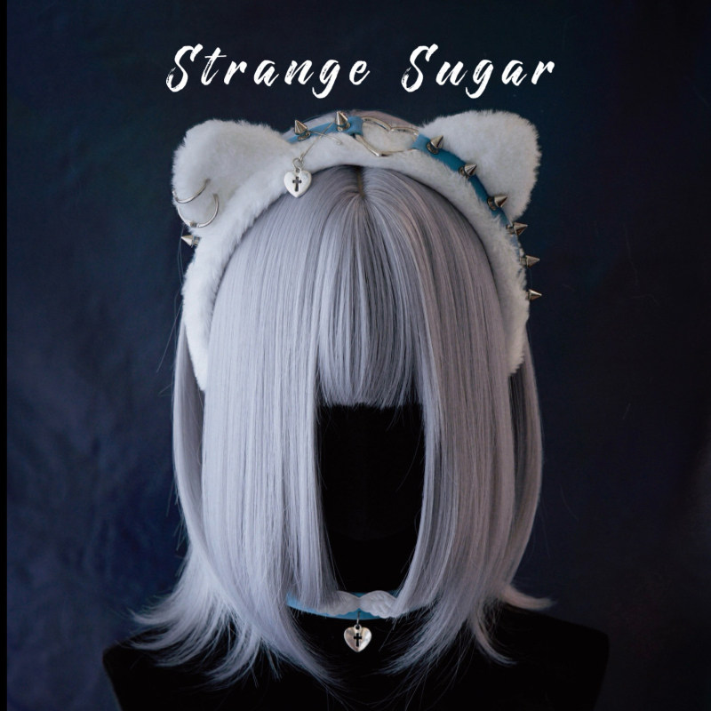 怪糖饰物集原创手工爱心铆钉皮扣毛绒猫耳发箍头箍亚文化蓝白色