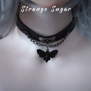 怪糖饰物集原创手工黑飞蛾吊坠仿皮颈链choker暗黑亚文化黑色
