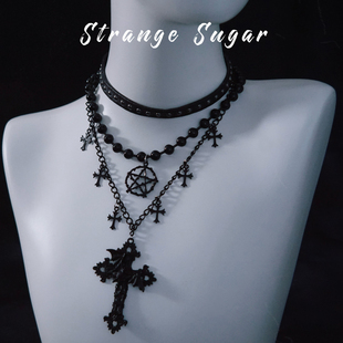 怪糖饰物集原创手工五芒星十字三层链毛衣链项链亚文化黑色
