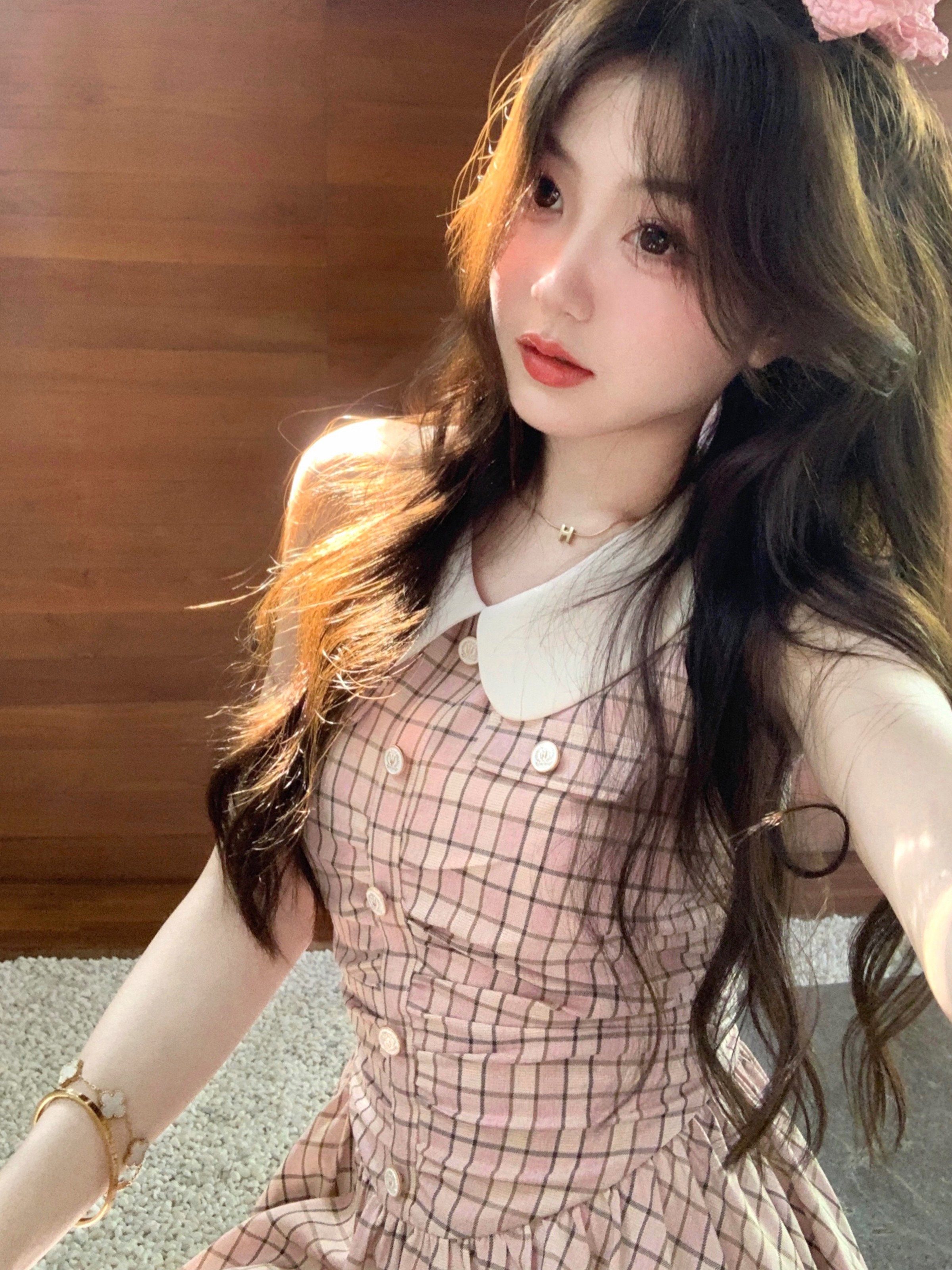 Q女家 海蒂学姐/学院风格子娃娃领无袖连衣裙2023夏收腰显瘦短裙