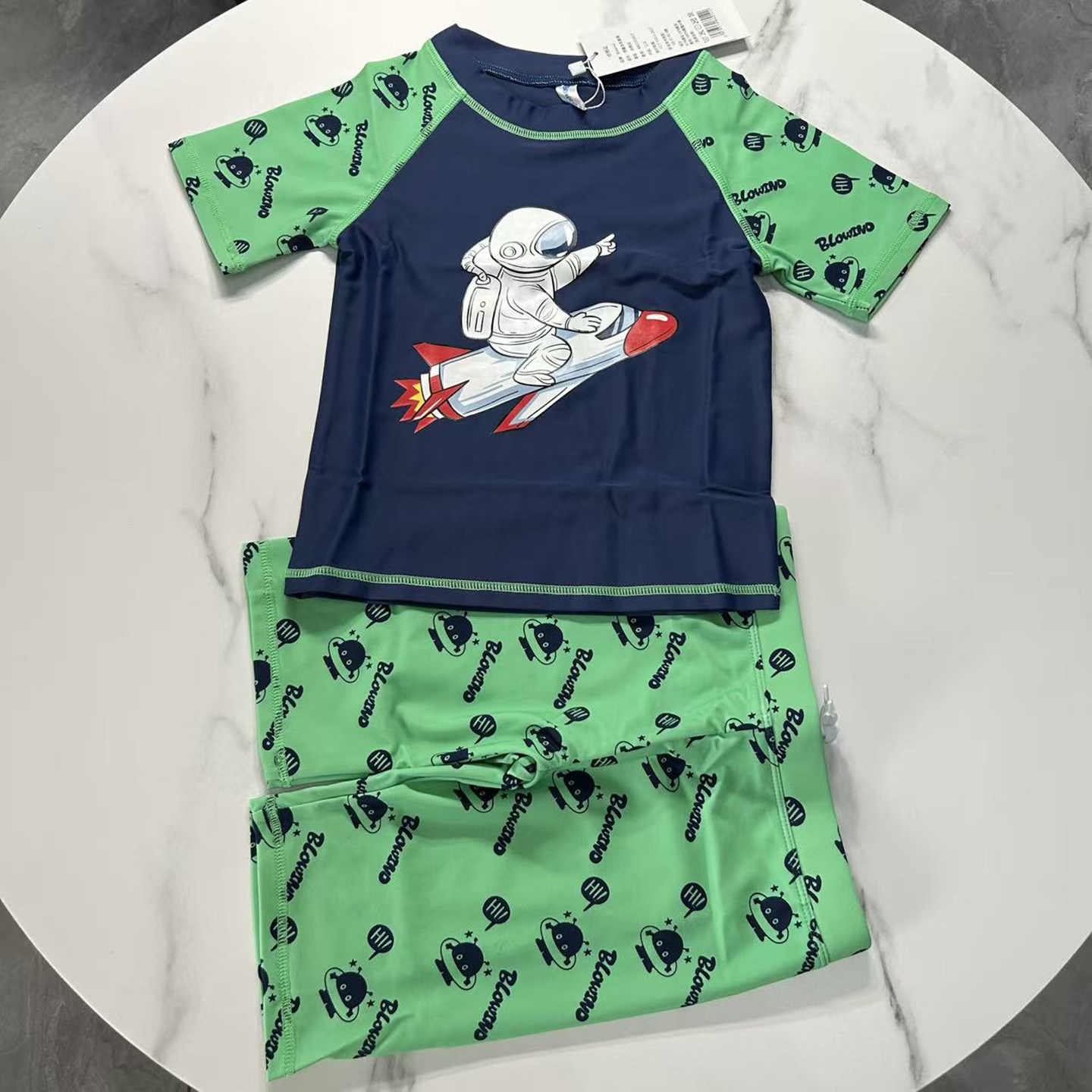 出口欧美男童中大童防晒辐射短袖藏青太空飞船短裤休闲分体游泳衣