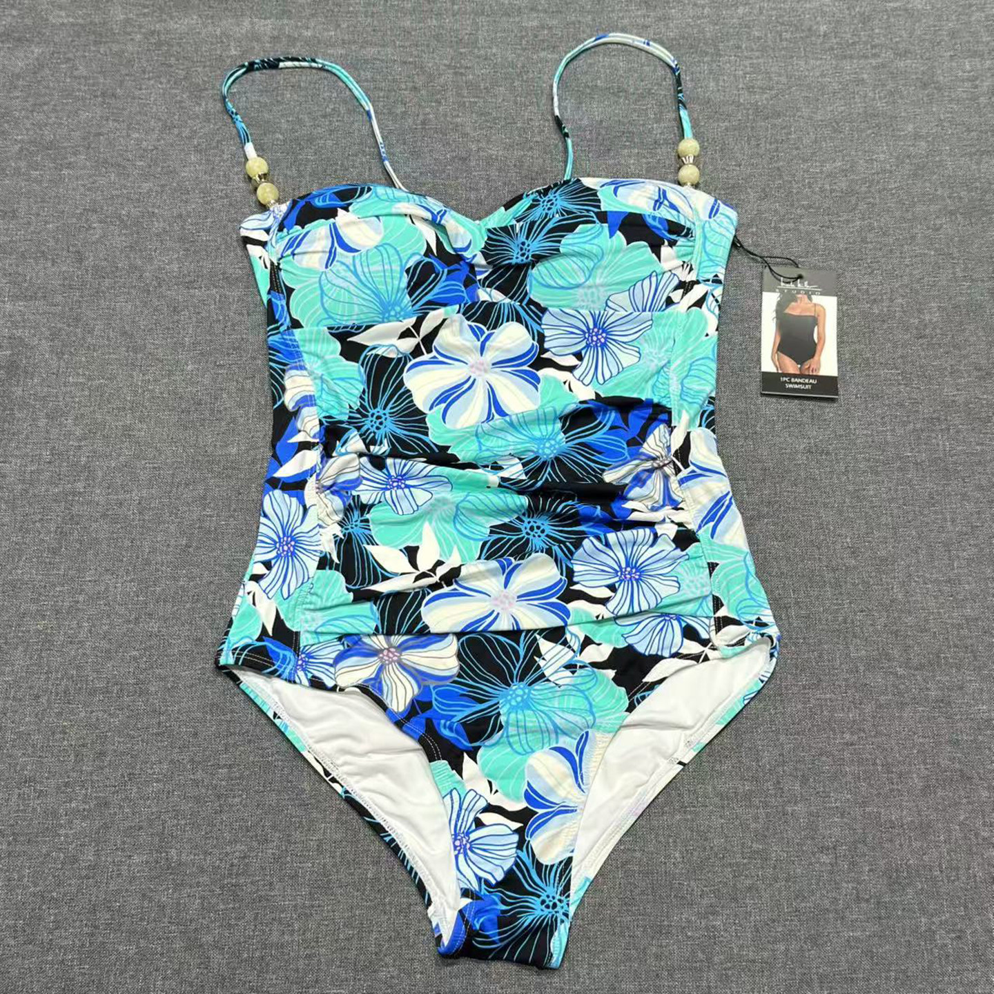 出口欧美女士成人保守前花结肩带饰品遮肚抽皱大杯三角连体游泳衣
