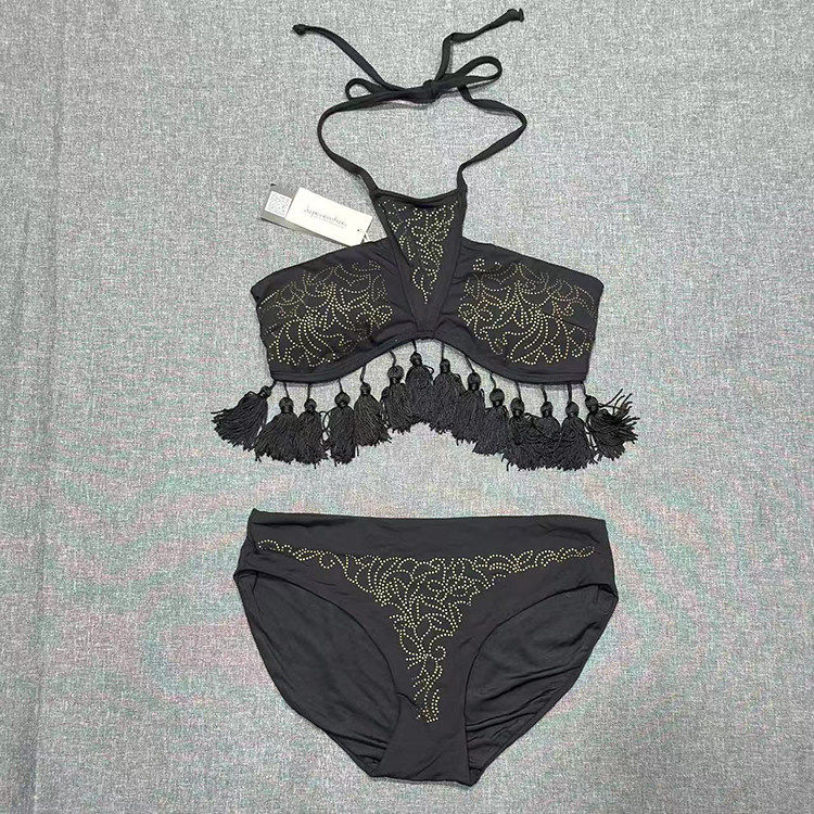 出口欧美女士成人点点图案性感抹胸流苏比基尼挂脖三角分体游泳衣