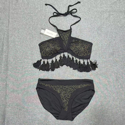 出口欧美女士成人点点图案性感抹胸流苏比基尼挂脖三角分体游泳衣