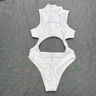 出口欧美女士成人高领后背拉链露胸露肚肚脐大露背性感连体游泳衣
