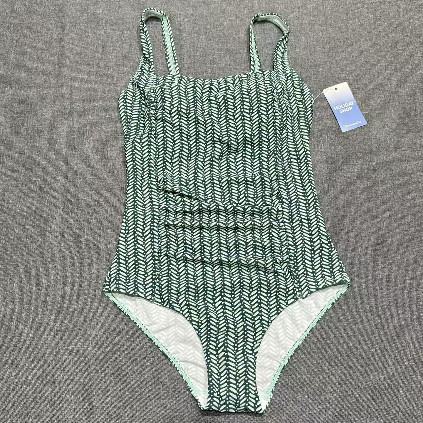 出口欧美单女士平领小树叶简约大露背遮肚抽皱休闲三角连体游泳衣