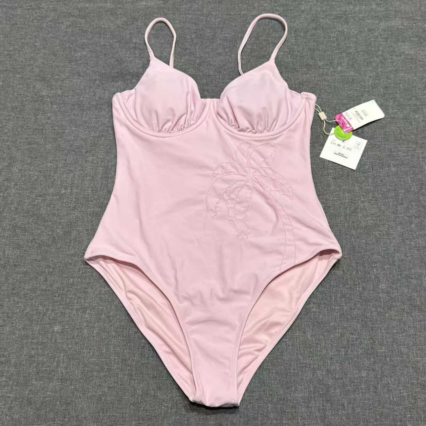 出口欧美女成人性感钢圈罩杯刺绣椰子树大露背简约三角连体游泳衣