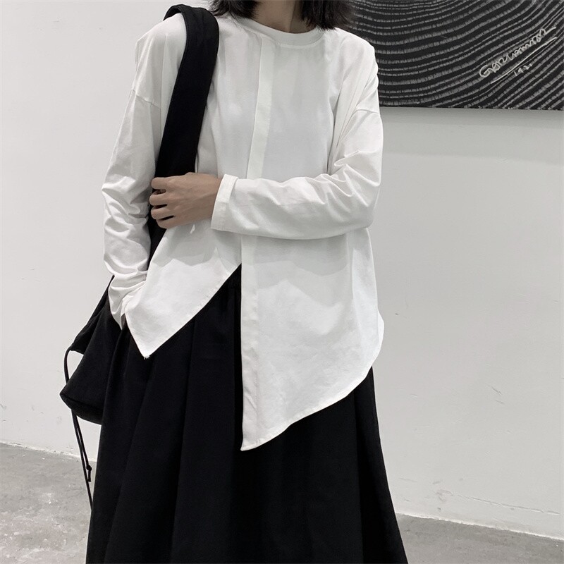 肆野暗黑山本风小众设计感不规则长袖T恤女宽松显瘦衬衣开叉上衣