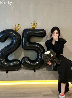ins风40寸黑色皇冠数字气球生日拍照道具网红派对装饰场景布置