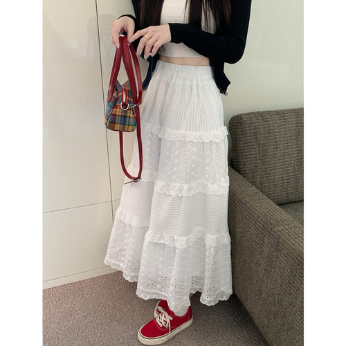 春夏白色蛋糕半身裙大码女装高腰显瘦百搭蕾丝拼接钩花A字长裙子
