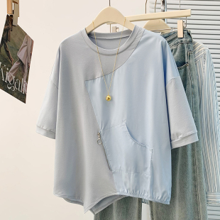 设计感撞色拼接洋气减龄百搭休闲显瘦短袖 韩版 T恤女 新款 实拍夏季