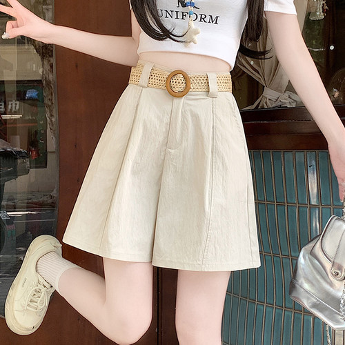 实拍 2026夏高腰显瘦休闲纯色工装裤a字阔腿裤五分裤热裤 配腰带