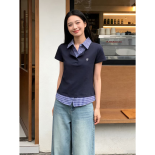 短袖 实拍夏装 女装 学院风polo领正肩胖mm显瘦假两件大码 T恤 新款