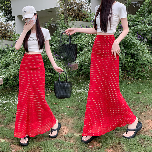 实拍2026夏季新款红色波点复古高腰显瘦鱼尾百搭中长雪纺长裙