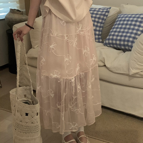 B加-26夏款韩系简约清新氛围感蝴蝶结松紧腰半身裙26-8278-2