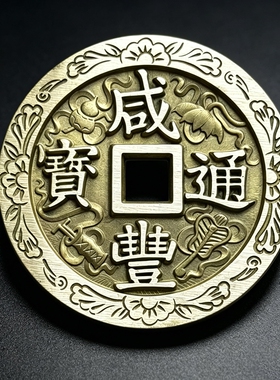 原味黄铜仿古雕花咸丰通宝摆件