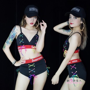 新夜店酒吧dj女歌手演出服ds舞队GOGO大气性感系带字母潮牌比基尼