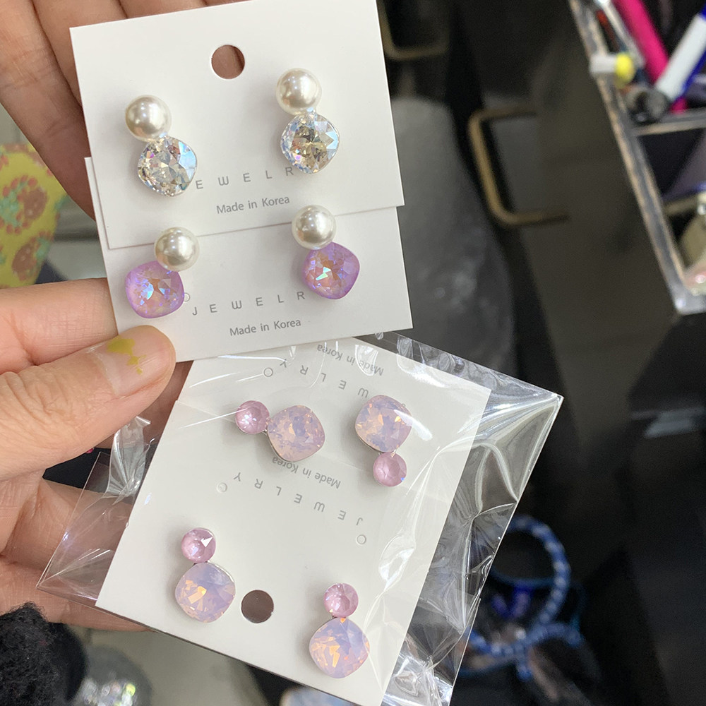 韩国进口东大门新款水晶简约耳环粉色耳钉耳饰耳坠女