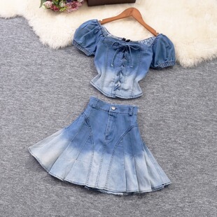 实拍女新品泡泡袖系带露脐短上衣高腰短裙伞裙渐变色牛仔两件套装