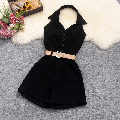 通勤风翻领单排扣系带收腰连体裤