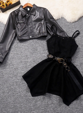 实拍冬复古短款皮衣外套修身显瘦吊带裙连衣裙个性辣妹两件套装