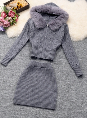 实拍冬季女装新款纯欲包臀半身裙+拉链上衣外套连帽毛毛针织套装