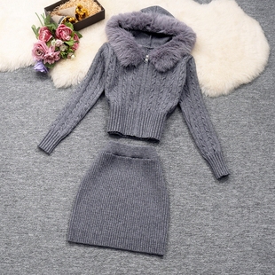 拉链上衣外套连帽毛毛针织套装 实拍冬季 纯欲包臀半身裙 新款 女装