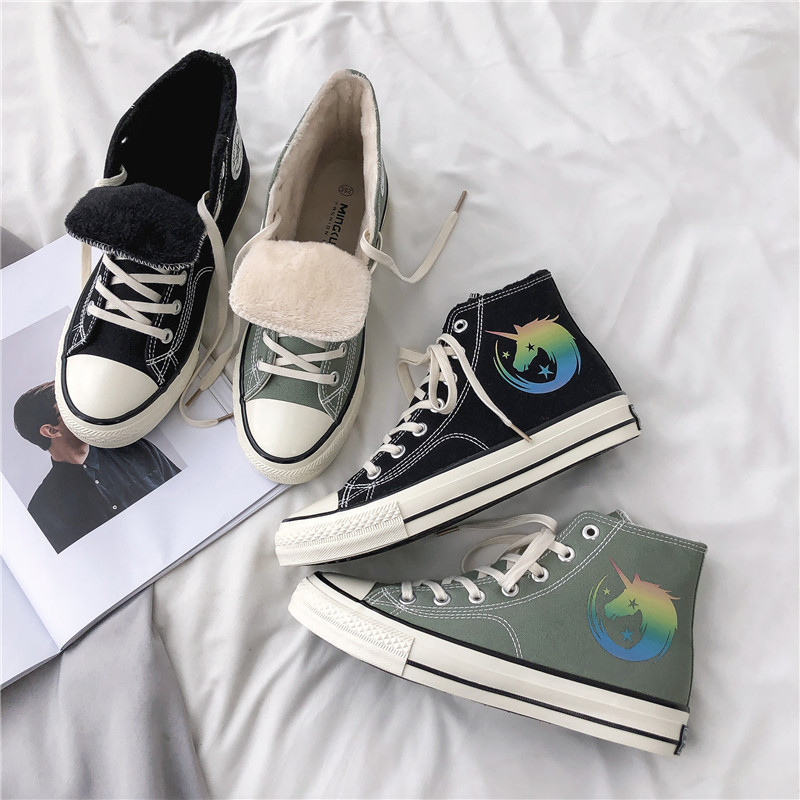 Trendy reflective Unicorn trendy high top canvas shoes with thick cotton in winter