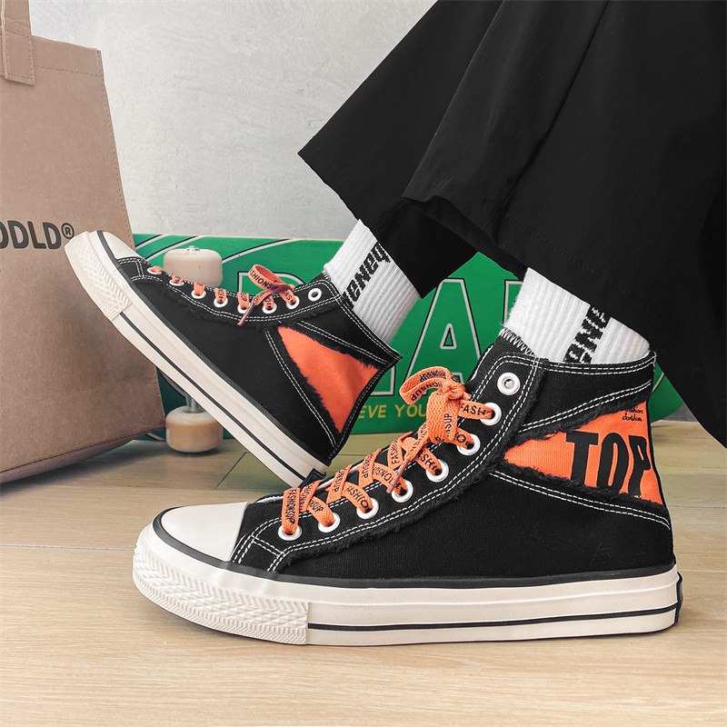 B218-1273-P45青年透气系带高帮帆布平跟春天韩版休闲ins港风字母，男鞋帆布鞋，电商B218