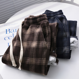 复古美拉德加绒格子裤女秋冬大码高腰休闲窄版阔腿直筒裤束脚裤子