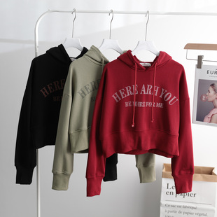 ins风字母减龄高腰短款卫衣女连帽春秋季薄款宽松小个子上衣潮酷