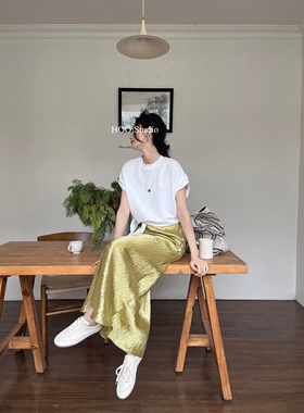 立体斜裁褶皱光泽肌理感慵懒随性通勤鱼尾半身裙  BQA821#  YAN