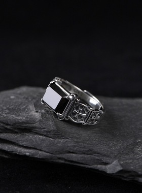 云尚服饰S925银戒指复古十字玛瑙可调节指环男款手饰方形指环男