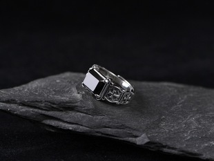 云尚服饰S925银戒指复古十字玛瑙可调节指环男款手饰方形指环男