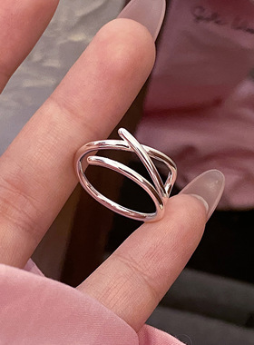 云尚服饰s925纯银交叉线条钩针带线戒指女不规则百搭指环手饰
