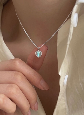 云尚服饰s925纯银爱心项链女心型幻彩月光石吊坠不掉色潮流御姐风