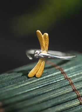 云尚服饰s925银原创设计简约时尚昆虫活口指环钩针带线蜻蜓戒指