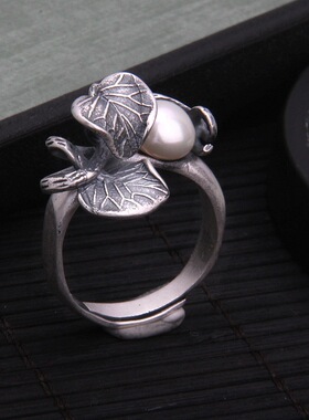 云尚服饰s990足银纯银枝繁叶茂叶子珍珠钩针带线戒指