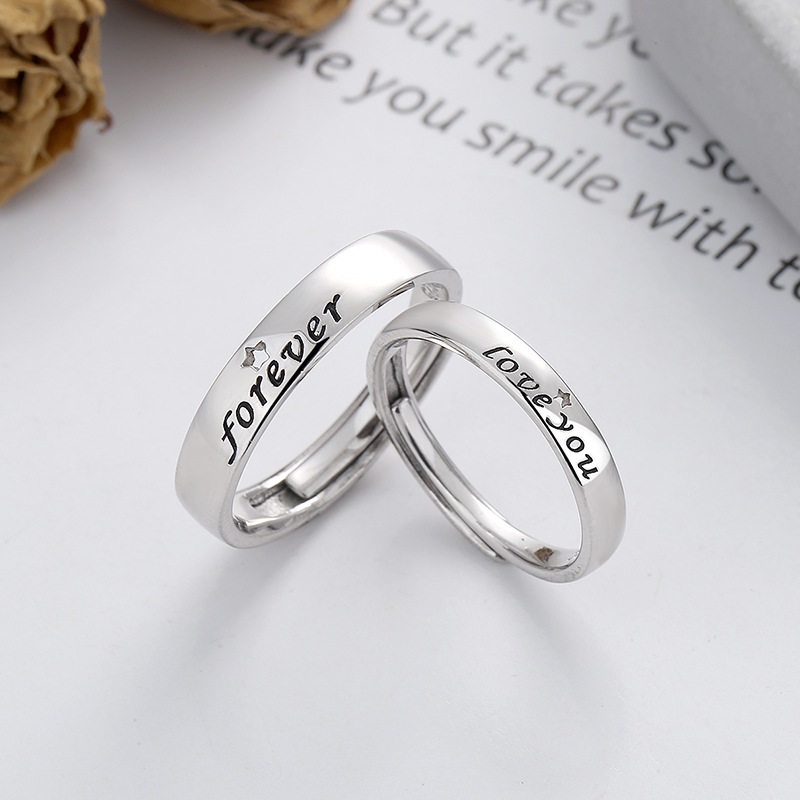 云尚服饰s925纯银韩版简约forever英文永远浪漫情侣对戒开口戒指