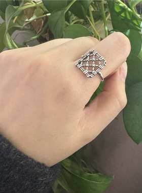 云尚服饰925纯银小窗网格钩针带线戒指复古百搭潮流ins指环