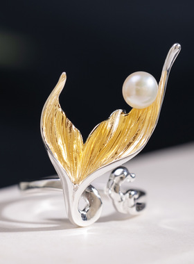 云尚服饰s925银原创时尚鱼尾钩针带线夸张戒指国潮淡水珍珠指环