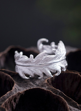 云尚服饰925银原创设计ins风时尚饰品羽毛钩针带线戒指女开口指环